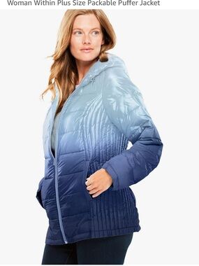 Woman Within Ombre Light-to-Dark Blue Packable Puffer Jacket